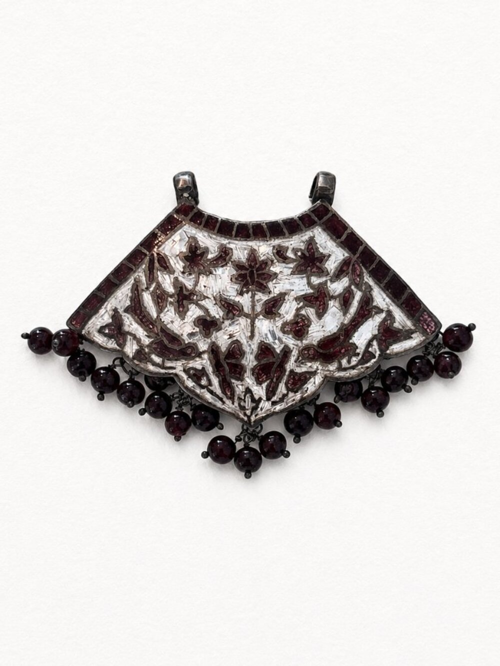 Handcrafted Silver Tone Floral Pendant Burgundy Bead Fringe Ornate Artisan VTG